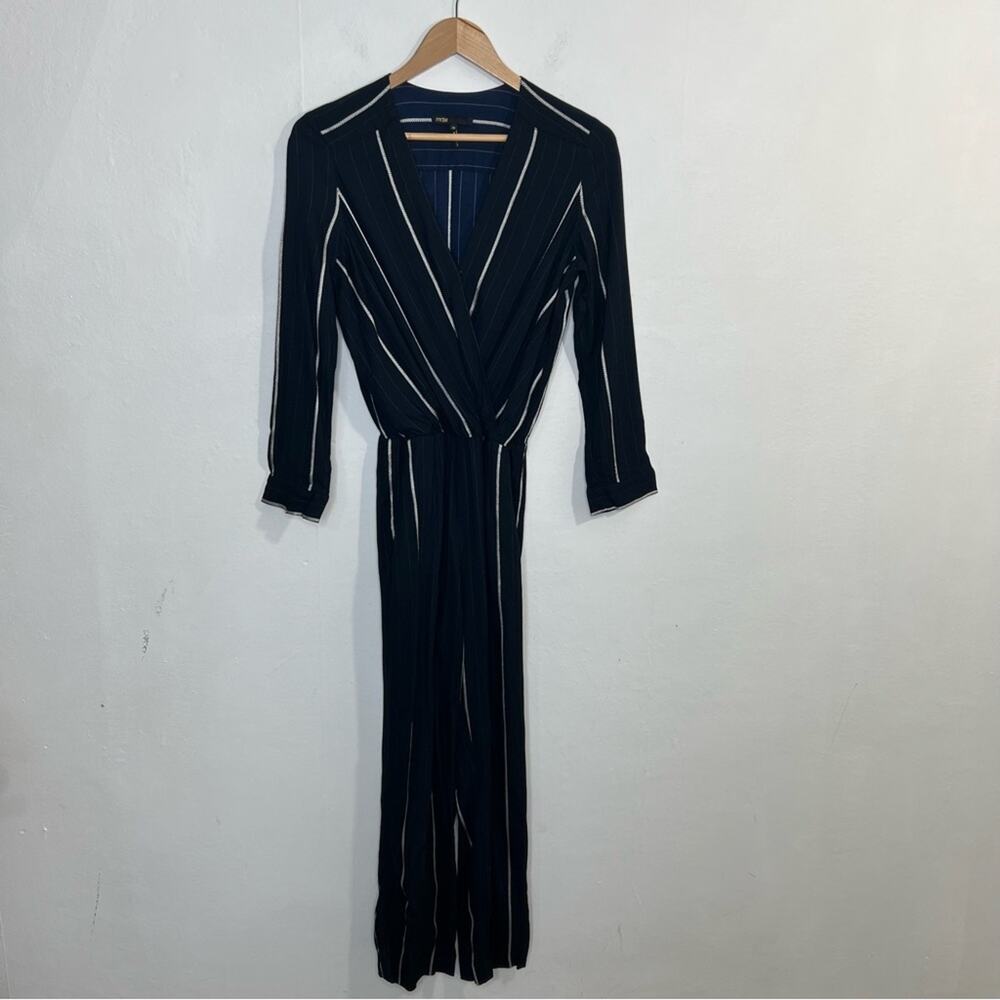MAJE PANTI Jumpsuit Navy w Silver Metallic Pinstripes Long Sleeve Size 4 - Picture 15 of 16